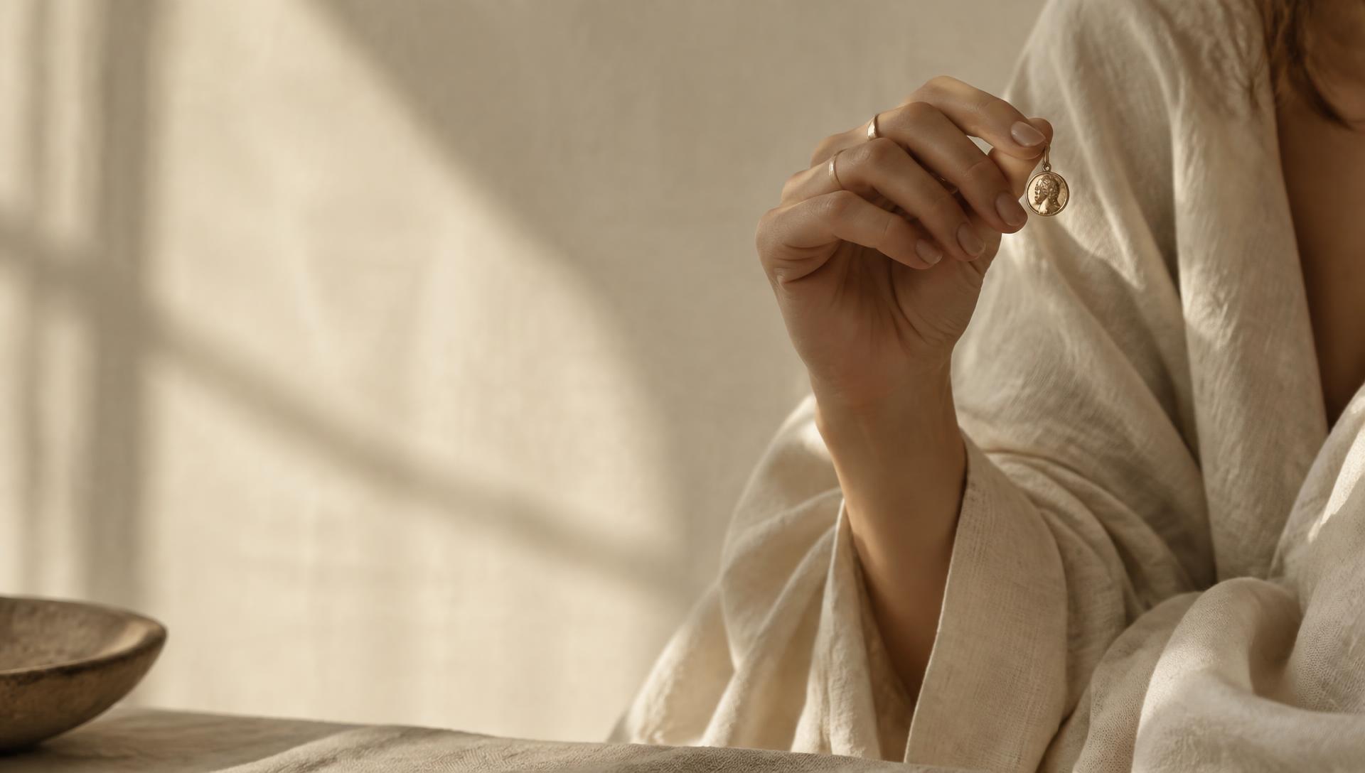 A hand holding a small gold charm in soft light